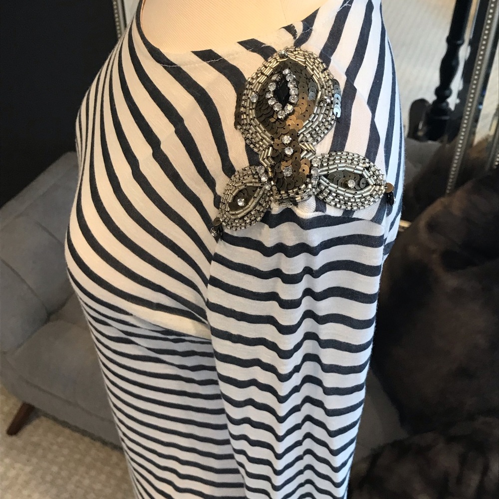 Striped long sleeve top with beaded shoulders